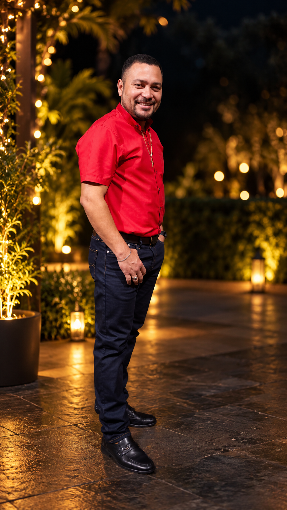 Geovanny Quezada sonriendo, con camisa roja, en un jardín